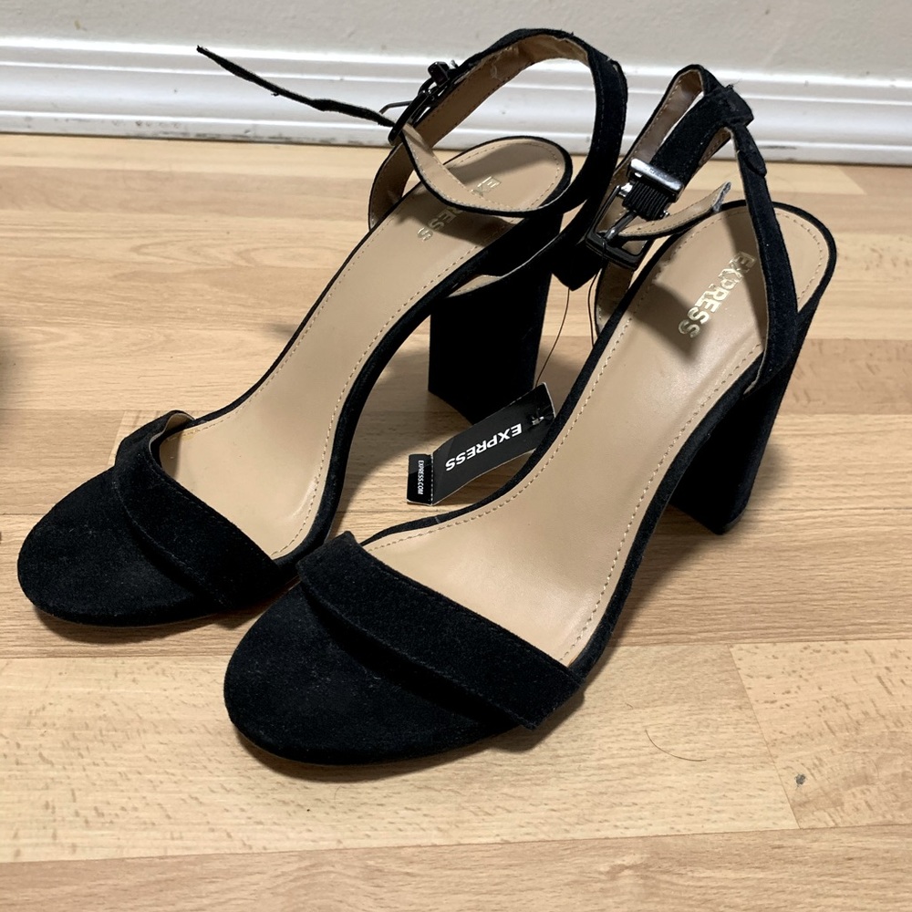 Black ankle strap block heels